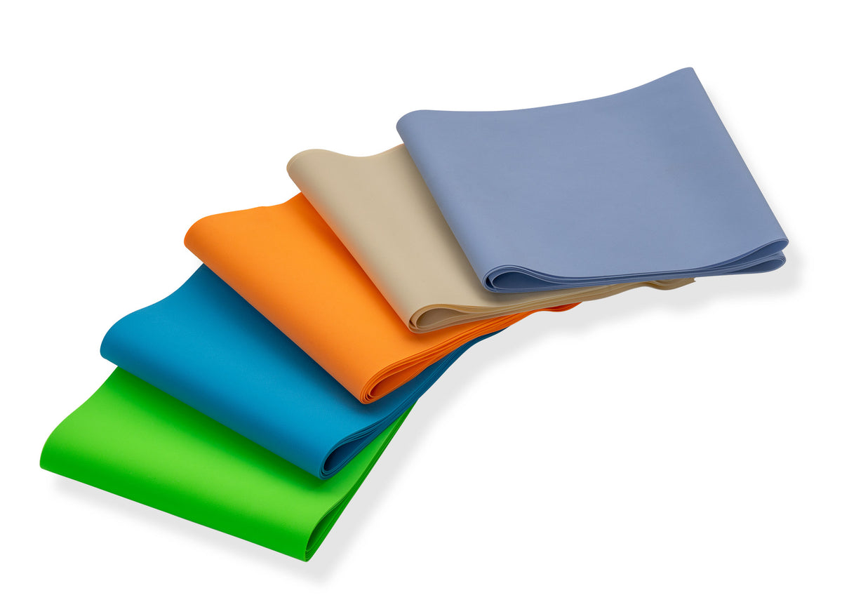 Fünf Fitnessbänder von Black Forest Health in Blau, Beige, Orange, Cyanblau und Grün, Widerstandsstufen Level 1 bis 5 
