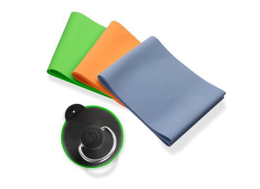 Cling & Stretch von ClingMate mit ClingLoop und drei Fitnessbändern in Blau, Orange und Grün