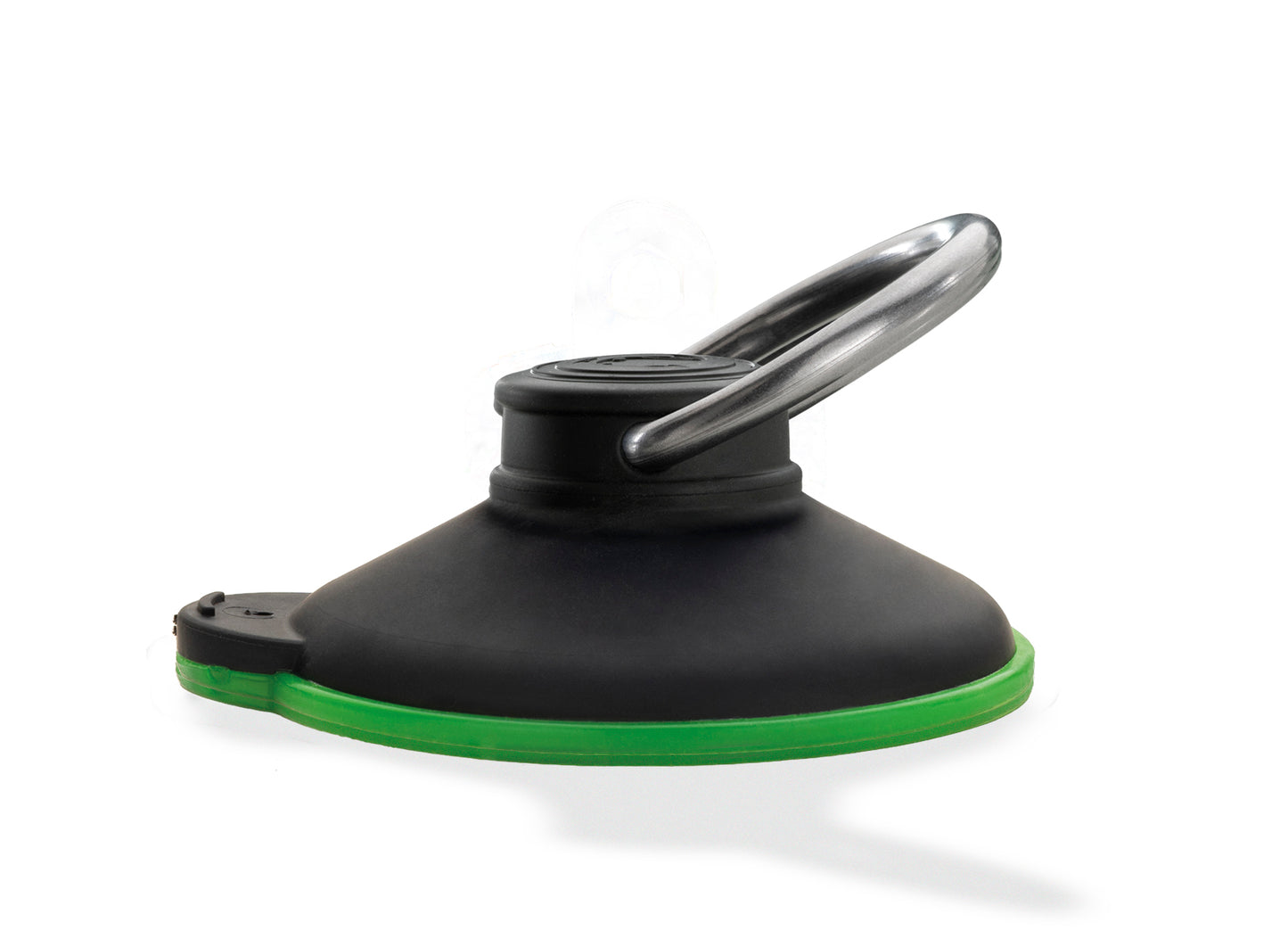 ClingLoop – ClingFish® Saugnapf mit Edelstahl D-Ring, Seitenansicht nicht haftend, schwarzes Gehäuse mit grünem ClingFish®-Haftrand, Made in Germany